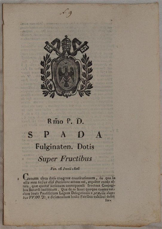 SPADA FULGINATEN DOTIS SUPER FRUCTIBUS VEN. 16 JUNII 1826