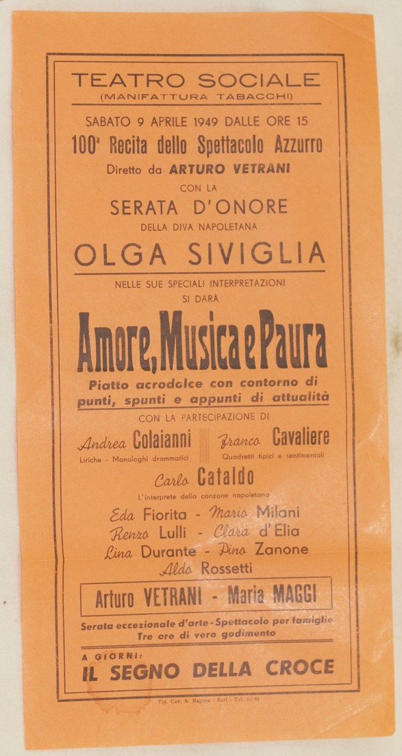 TEATRO SOCIALE MANIFATTURA TABACCHI SABATO 9 APRILE 1949 DALLE ORE …