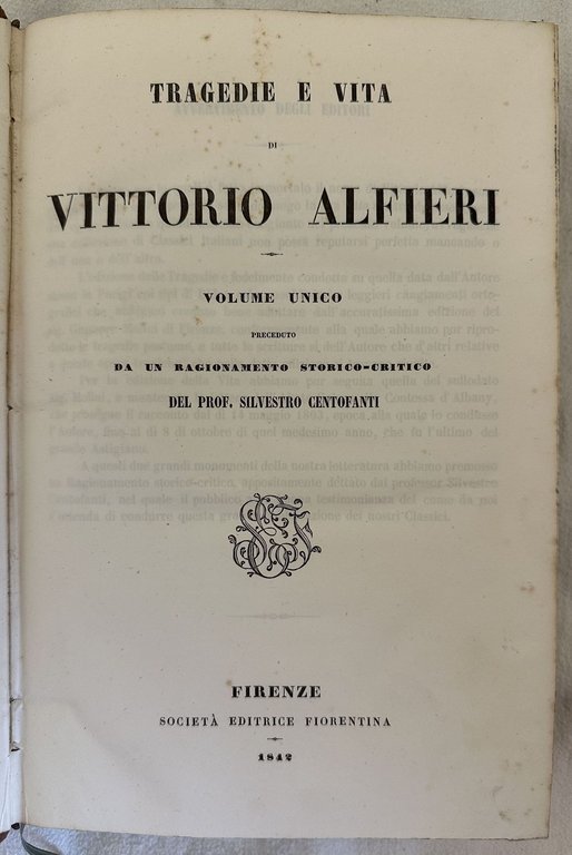 TRAGEDIE E VITA DI VITTORIO ALFIERI