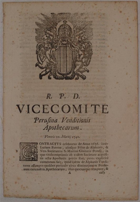 VICECOMITE PERUSINA VENDITIONIS APOTHECARUM VENERIS 10 MARTII 1741