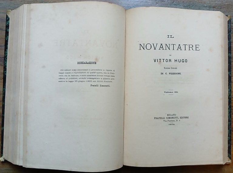 "Il Novantatré, di Vittor Hugo. Versione letterale di C. Pizzigoni."