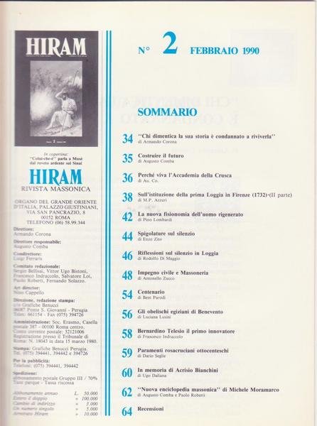 Rivista Massoneria, HIRAM Febbraio 1990 (vedi immagine indice allegato)