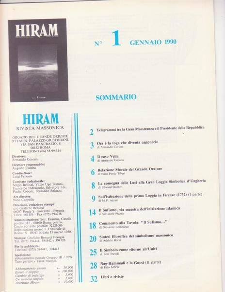 Rivista Massoneria, HIRAM Gennaio 1990 (vedi immagine indice allegato)