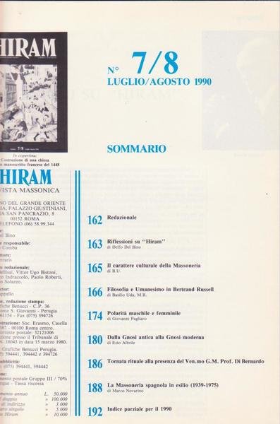 Rivista Massoneria, HIRAM Lug./Ago. 1990 (vedi immagine indice allegato)