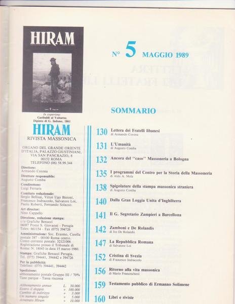 Rivista Massoneria, HIRAM Maggio 1989 (vedi immagine indice allegato)