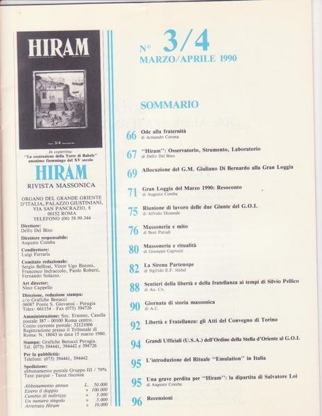 Rivista Massoneria, HIRAM Mar./Apr. 1990 (vedi immagine indice allegato)