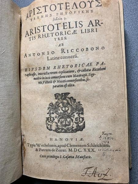 Aristotelis artis rhetoricae libri tres; ab Antonio Riccobono Latine conversi.; …