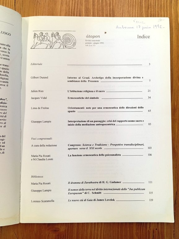 ÁTOPON. Psicoantropologia simbolica e tradizioni religiose - anno I, gennaio-giugno …