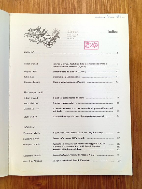ÁTOPON. Psicoantropologia simbolica e tradizioni religiose - anno II, 1993, …