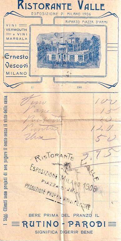 Esposizione Internazionale di Milano, 1906 - Biglietto d'ingresso + conto …