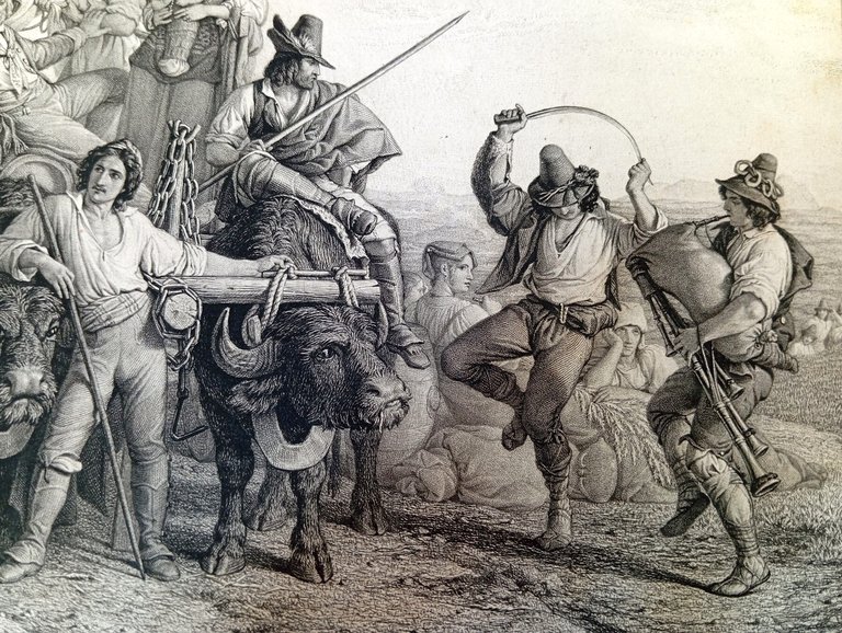 Les moissonneurs dans les Marais Pontins. Mietitura [incisione]