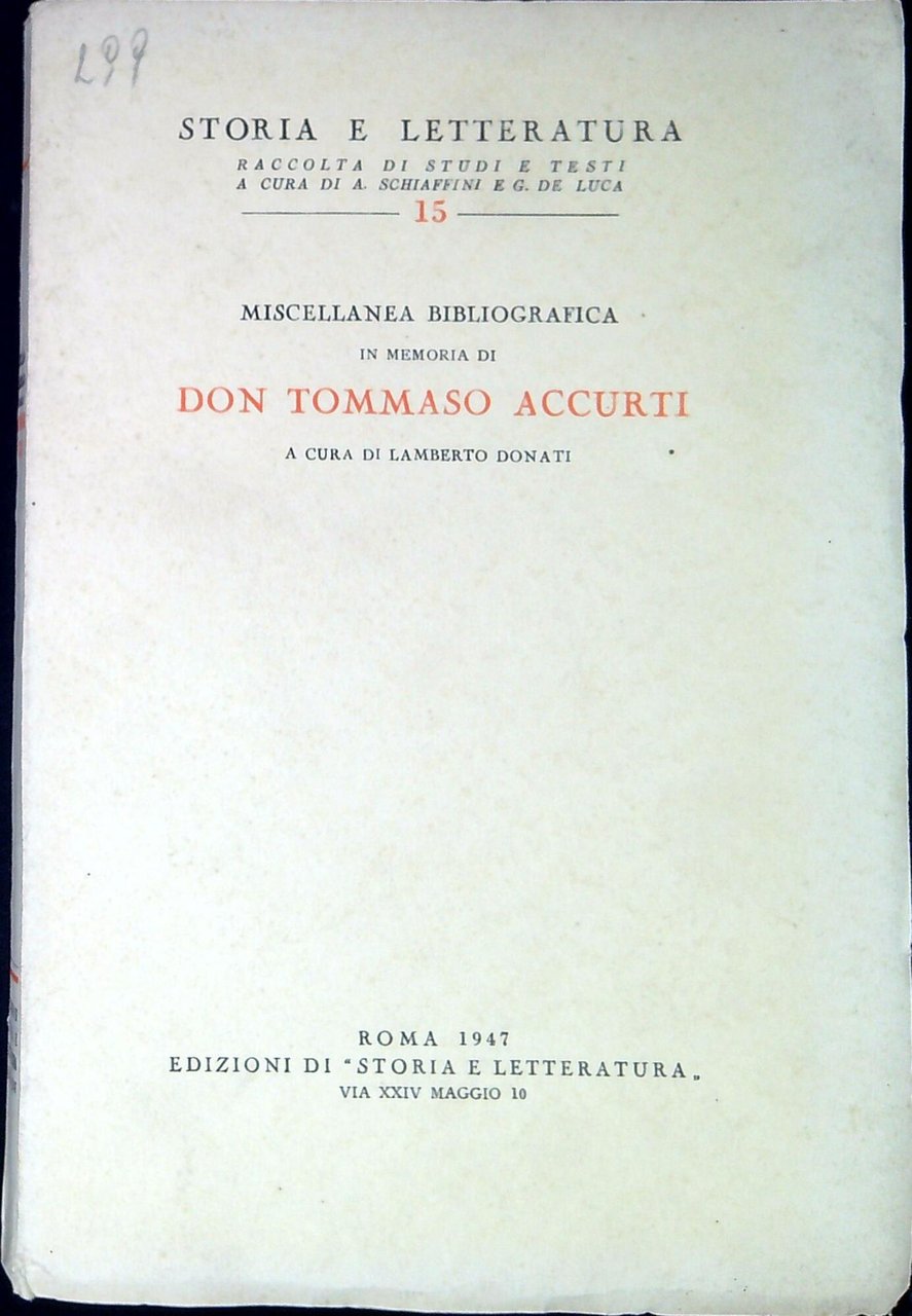 Miscellanea bibliografica in memoria di don Tommaso Accurti | Immagine principale