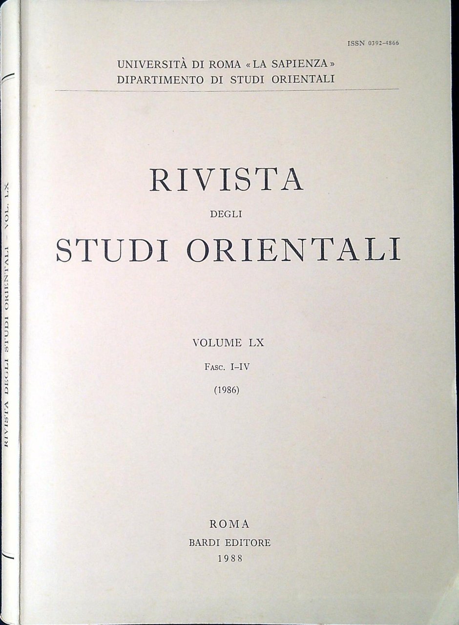 Rivista degli Studi orientali. Volume 60 Fasc-1-4 1986