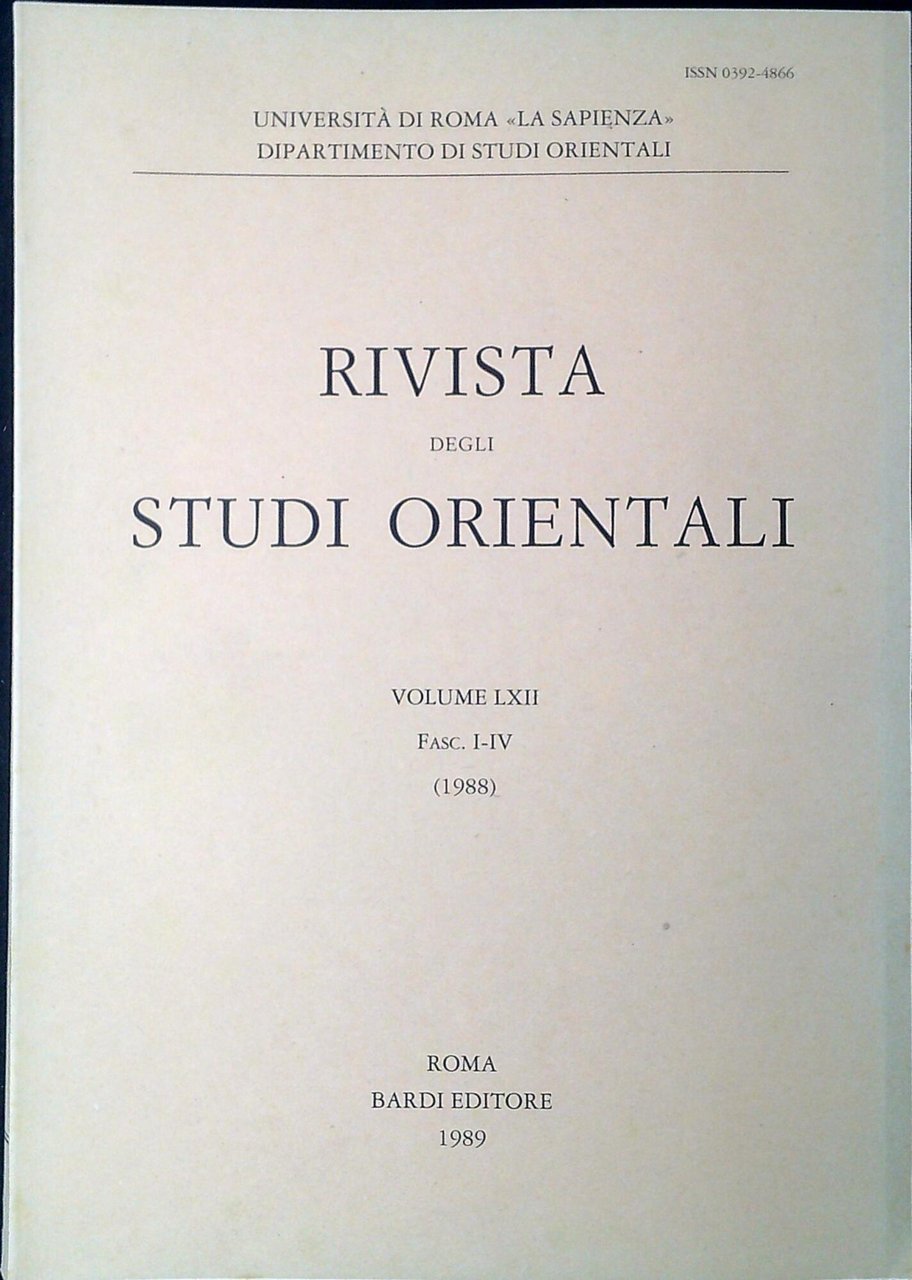 Rivista degli Studi orientali. Volume 62 Fasc-1-4 1988