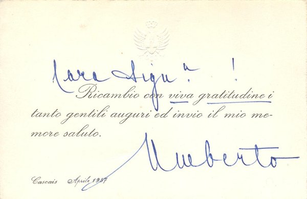 *Umberto II di Savoia. Biglietto di auguri autografato.