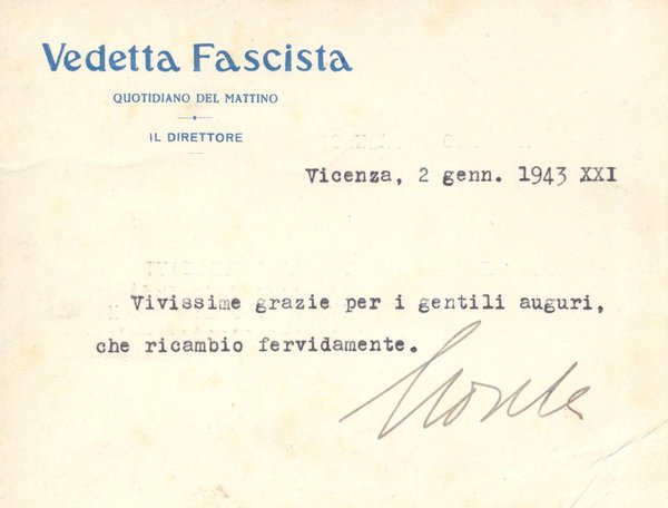 *Vedetta Fascista, quotidiano del mattino di Vicenza. Auguri dei Direttore …