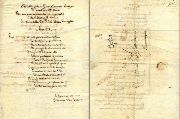 Sonetto manoscritto di Giacomo Passiatore. Bella lettera di tre facciate …