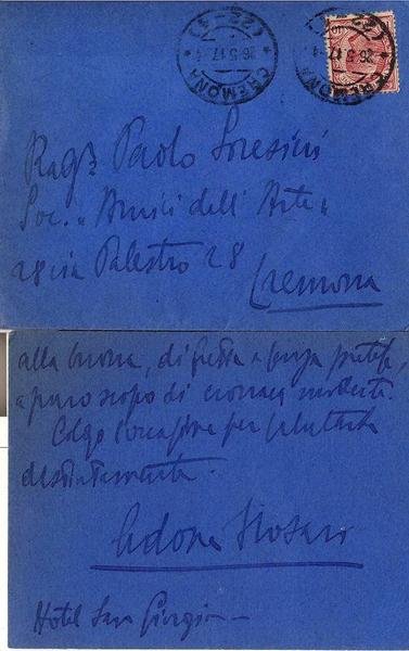 *Adone Nosari. (Tabellano di Suzzara 1875 - ?). Giornalista e scrittore. Inviato speciale seguì la prima Trasvolata Atlantica di Italo Balbo. Biglietto manoscritto e firmato.
