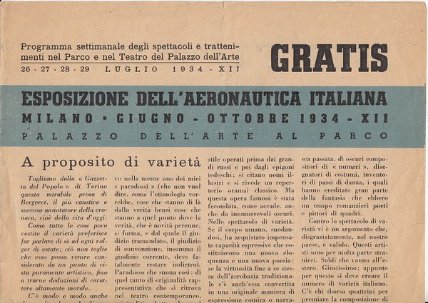 Esposizione dell'Aeronautica Italiana Milano. Programma settimanale degli spettacoli e trattenimenti …