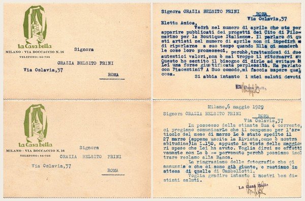 Arrigo Bonfiglioli. Direttore Casabella Casa Bella. Due biglietti firmati