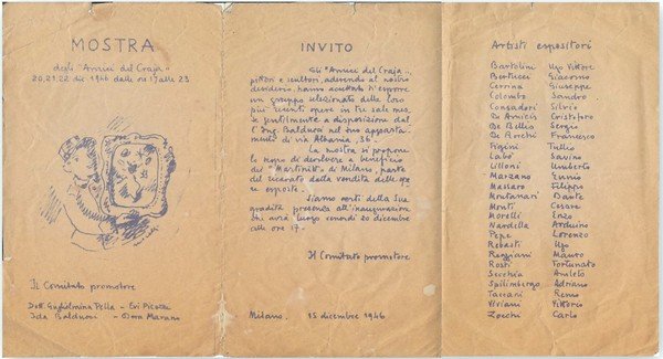 Mostra degli Amici del Craja 20,21,22 dicembre 1946 Milano. Invito. …