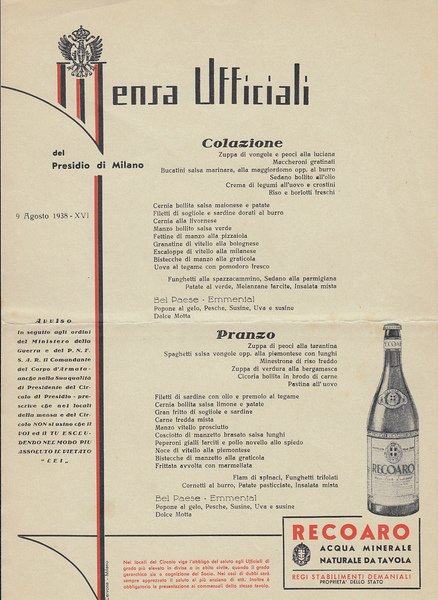 Mensa Ufficiali del Presidio di Milano. Menù 9 Agosto 1938.