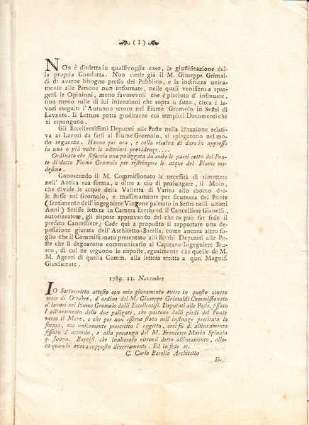 Giuseppe Grimaldi. Lavori sul torrente Gromolo in Sestri Levante. Lettere …