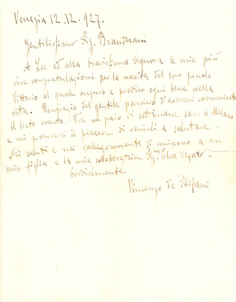 Vincenzo De Stefani. (Verona 1859 – Venezia 1937). Pittore. Lettera …