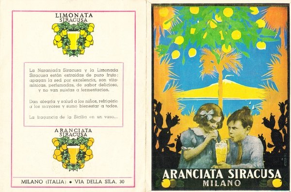 Aranciata Siracusa Milano. Depliant illustrato da Giulio Cisari. Depliant pubblicitario.