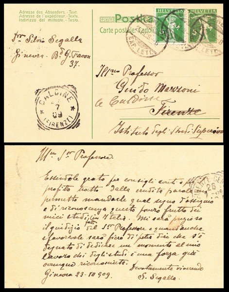 Silvio Segalla. Giornalista e scrittore. Intero postale manoscritto e firmato …