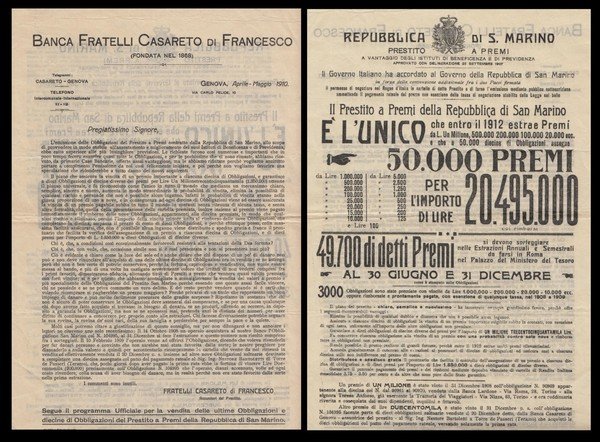 Banca Fratelli Casareto di Francesco. Genova, Aprile Maggio 1910. Programma …