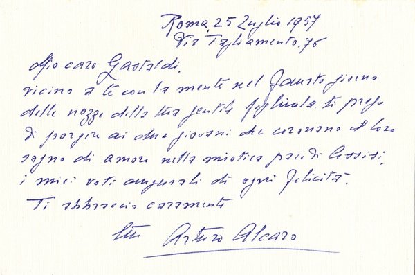 Arturo Alcaro. Scrittore. Biglietto manoscritto e firmato