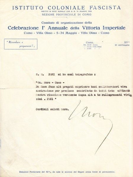 Aurelio Moro. Generale, pioniere dell'aviazione e costruttore aeronautico. Comunicazione firmata.