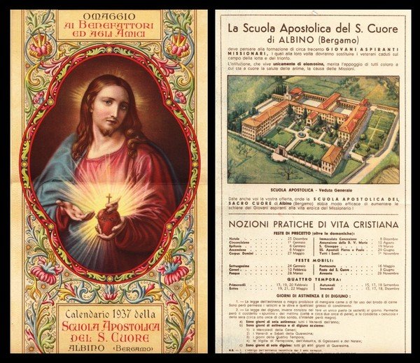 Calendario 1937 della Scuola Apostolica del S. Cuore Albino Bergamo.
