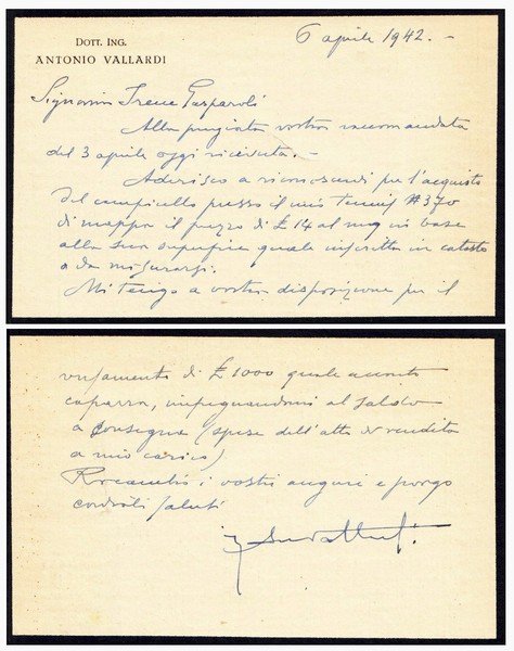 Antonio Vallardi. Editore e tipografo milanese. Biglietto manoscritto e firmato.