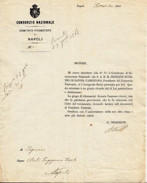 Consorzio Nazionale. Certificato di Benemerenza di Eugenio di Savoia Carignano …