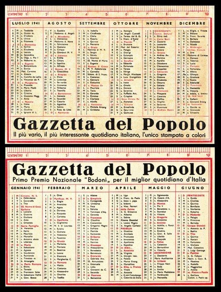 Calendario, calendarietto plastificato della Gazzetta del Popolo 1941.