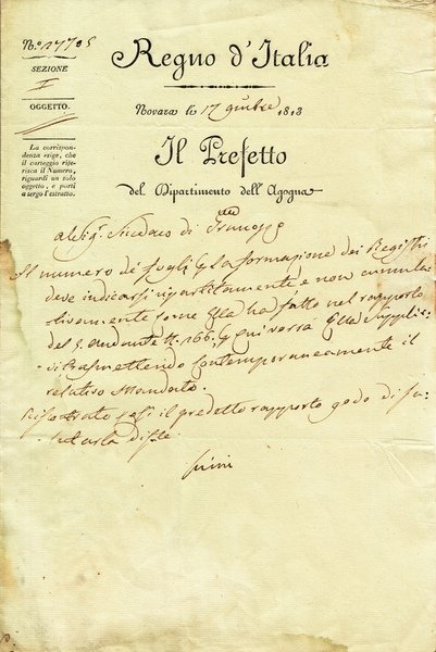 Stefano Luini. Barone e Prefetto dell'Agogna, Novara, Documento manoscritto e …