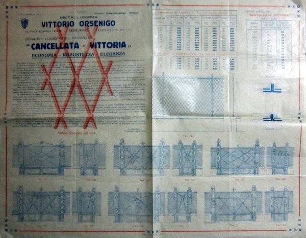 Metallurgica Vittorio Orsenigo Milano. Cancellata Vittoria. Manifesto pubblcitario su lucido.