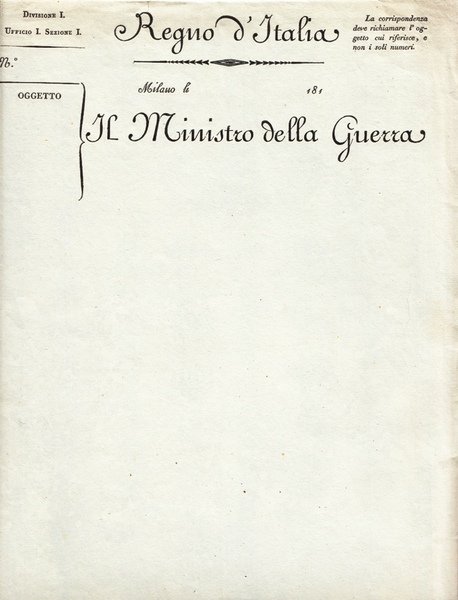 Regno d'Italia. Il Ministro della Guerra. Carta intestata vuota.