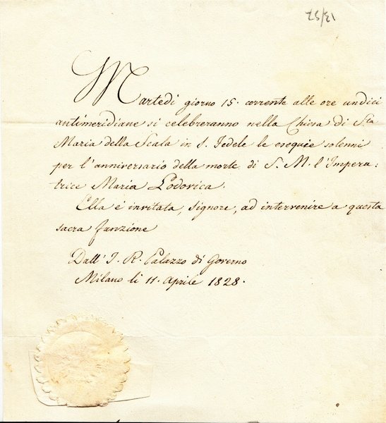 Invito manoscritto alle esequie per l'anniversario della morte di S. …