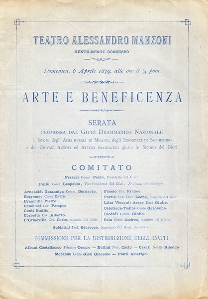 Teatro Alessandro Manzoni. Arte e Beneficenza. 6 Aprile 1879. Programma.