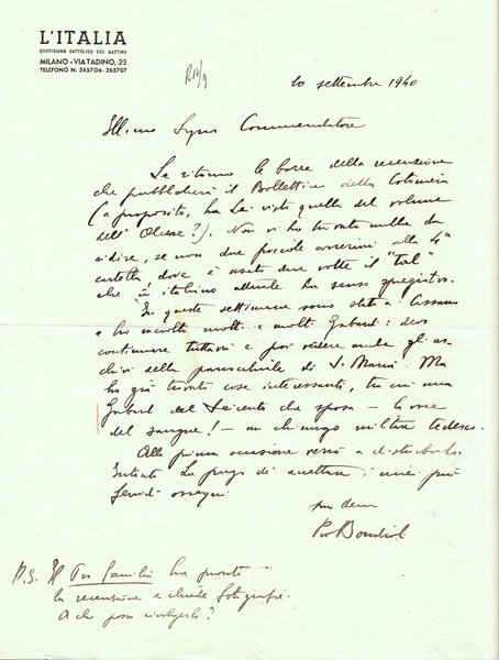Pio Bondioli. Giornalista. Lettera manoscritta e firmata su carta intestata …