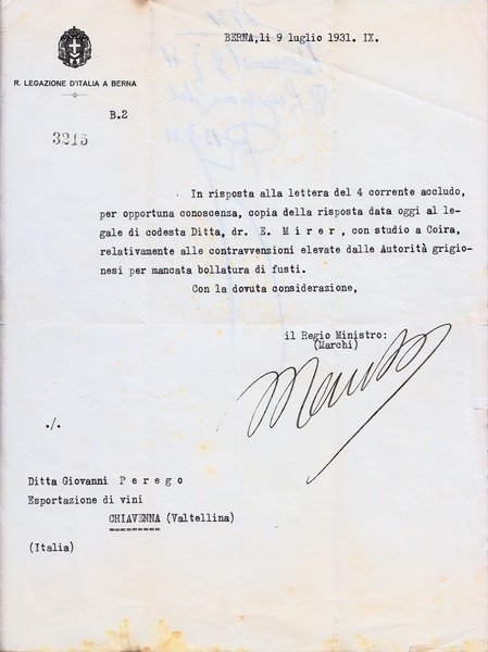 Giovanni Marchi. Ministro d'Italia in Svizzera a Berna. Comunicazione firmata …