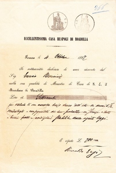 Eccellentissima Casa Ruspoli di Boadilla. Ricevuta di pagamento datata Firenze, …