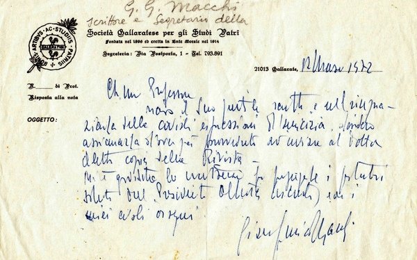 Società Gallaratese per gli Studi Patri. Gallarate. Biglietto intestato manoscritto …