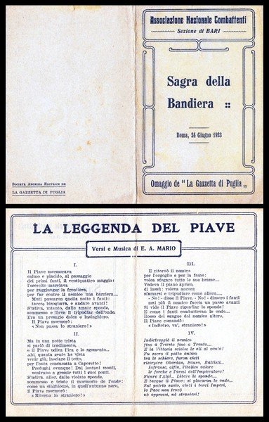 Associazione Nazionale Combattenti. Sezione di Bari. Sagra della Bandiera. Roma, …
