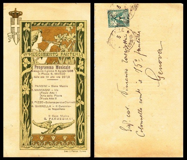27 Reggimento Fanteria. Programma musicale 5 Agosto 1906, Piazza S. Marco. Pansini, Mascagni, Pizzo, Barrella, G. Parmegiani. Programma viaggiato illustrato stile liberty.