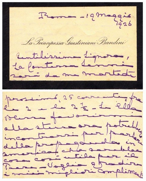 *Principessa Giustiniani Bandini. Nobile. Biglietto da visita manoscritto.