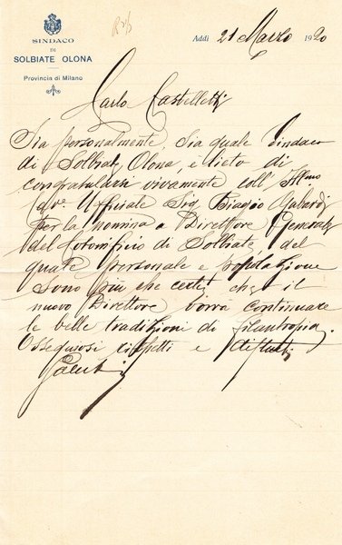 Solbiate Olona. Lettera manoscritta e firmata del Sindaco su carta …